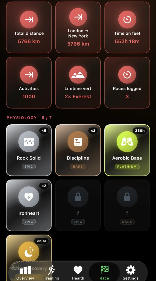 Achievements screen: lifetime totals including total distance, time on feet and lifetime vertical gain, above a grid of collectible cards at Rare, Epic and Platinum rarity.