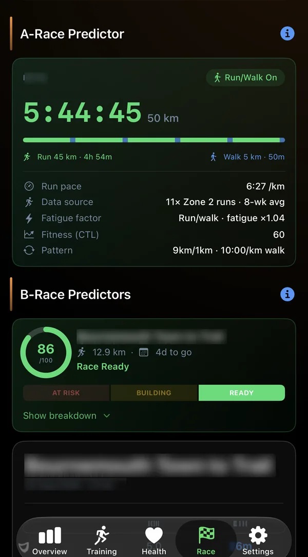 Race Predictor screen: a predicted 50 km finish of 5 hours 44 minutes with a run-walk breakdown, showing run pace, data source, fatigue factor and the run-walk pattern used.